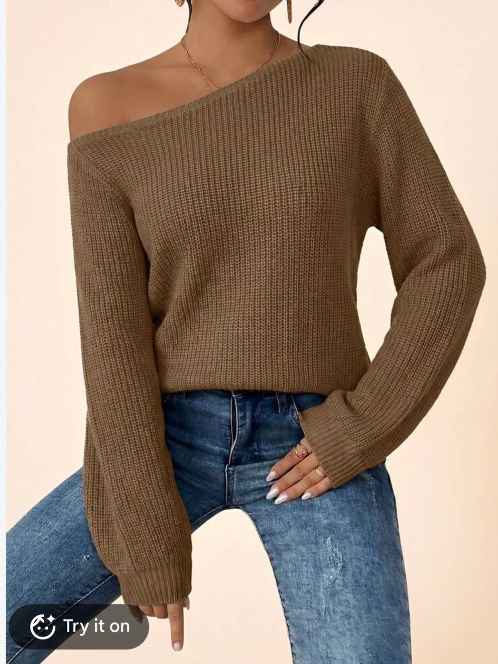 SHEIN Camel Off-the-Shoulder Chunky Knit Sweater